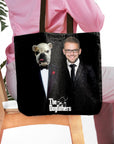 Black personalized 'The Dogfathers' tote bag with custom pet and human portraits in suits.