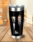 Personalized black stainless steel tumbler with a custom "The Dogfathers" portrait of a man and a bulldog.