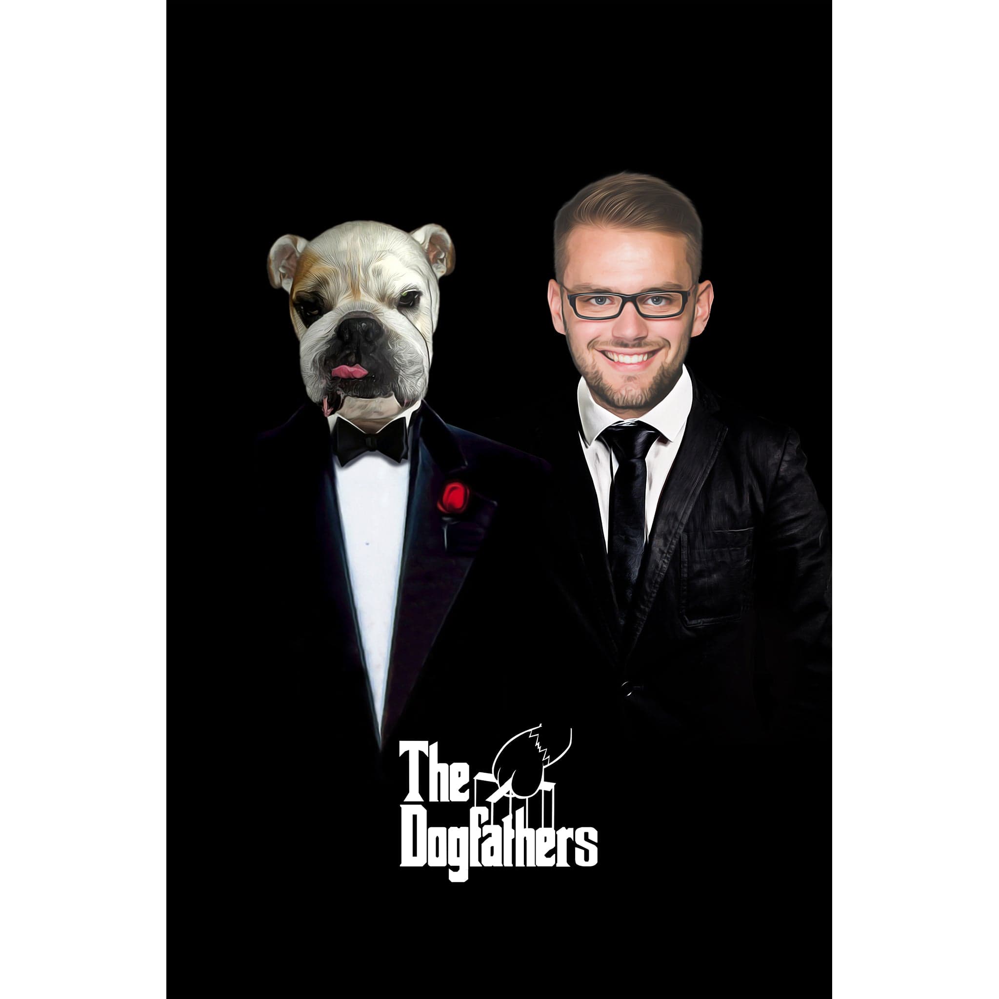 Custom "The Dogfathers" digital portrait of a man and bulldog in tuxedos on a black background.