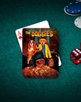 Personalized playing cards featuring two dogs in pirate costumes, surrounded by treasure, on a green felt table.