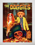 Personalized "The Doggies" poster featuring two pets as characters, a Cavalier King Charles Spaniel and a Golden Retriever, in a vibrant, artistic style.