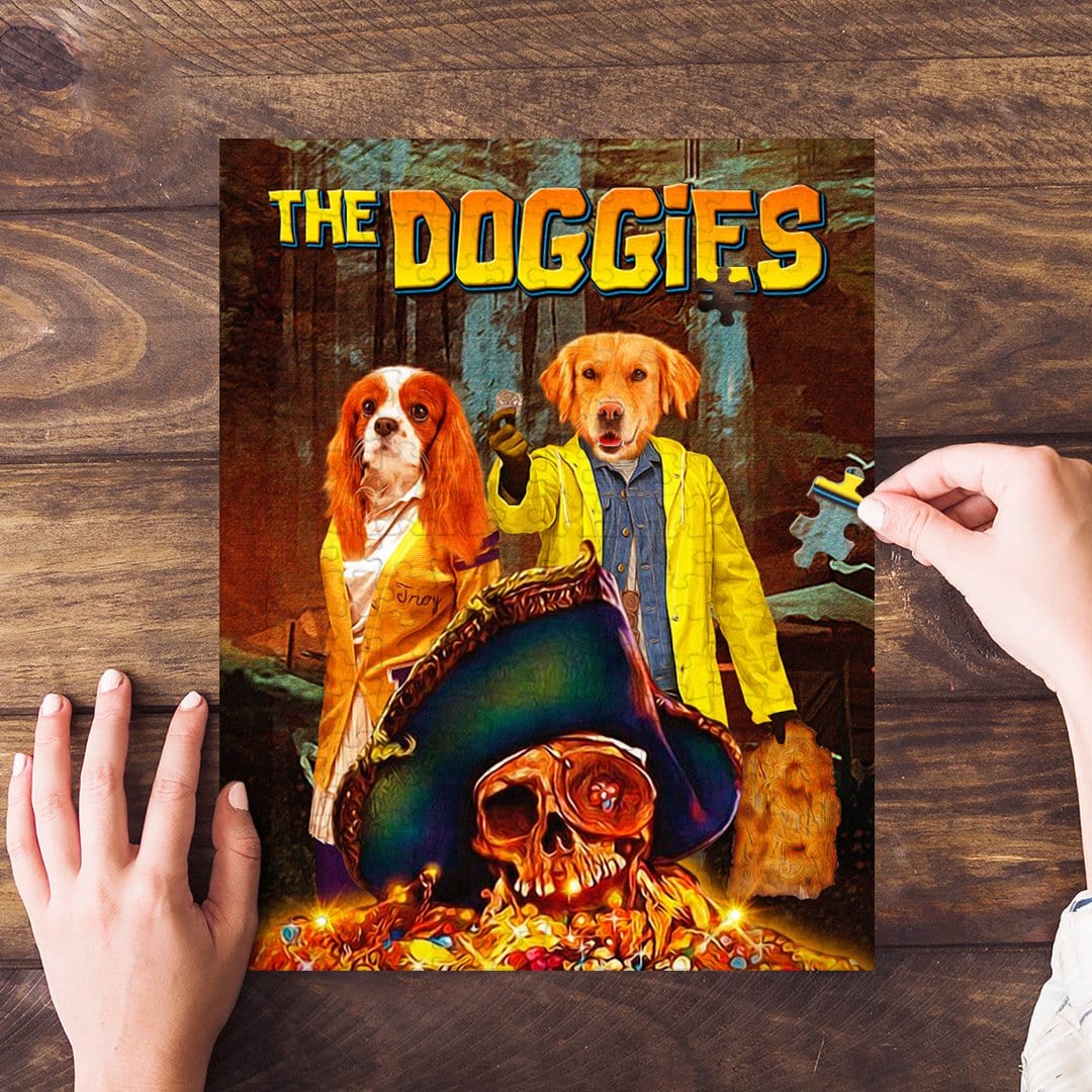 Personalized 2 pet puzzle featuring dogs in "The Doggies" movie poster style, with a pirate skull and treasure.