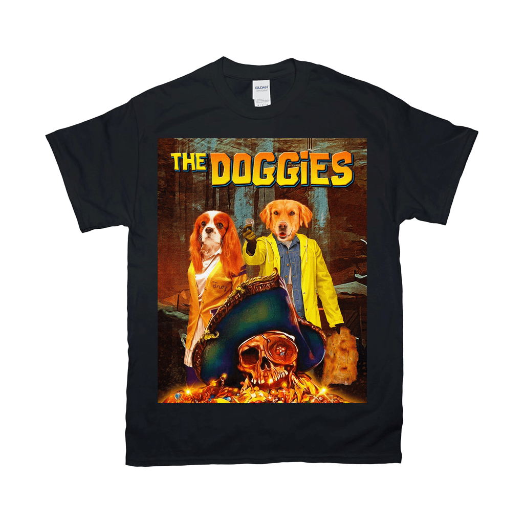 Black Gildan unisex t-shirt featuring "The Doggies" personalized movie poster design with two dogs and a pirate skull.