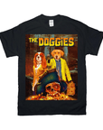 Black Gildan unisex t-shirt featuring "The Doggies" personalized movie poster design with two dogs and a pirate skull.