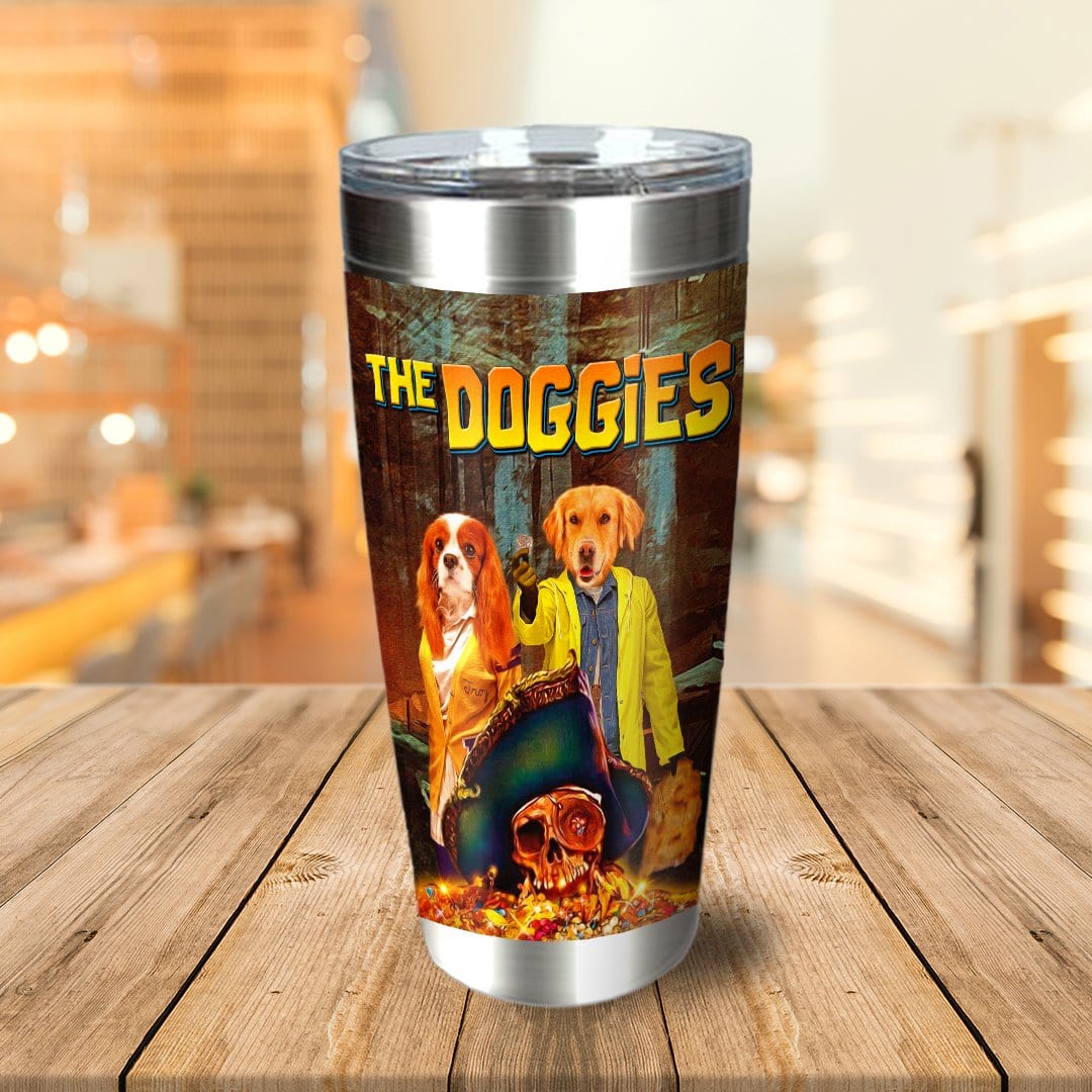 Personalized stainless steel tumbler with two dogs in a pirate-themed cartoon portrait, "The Doggies" title.