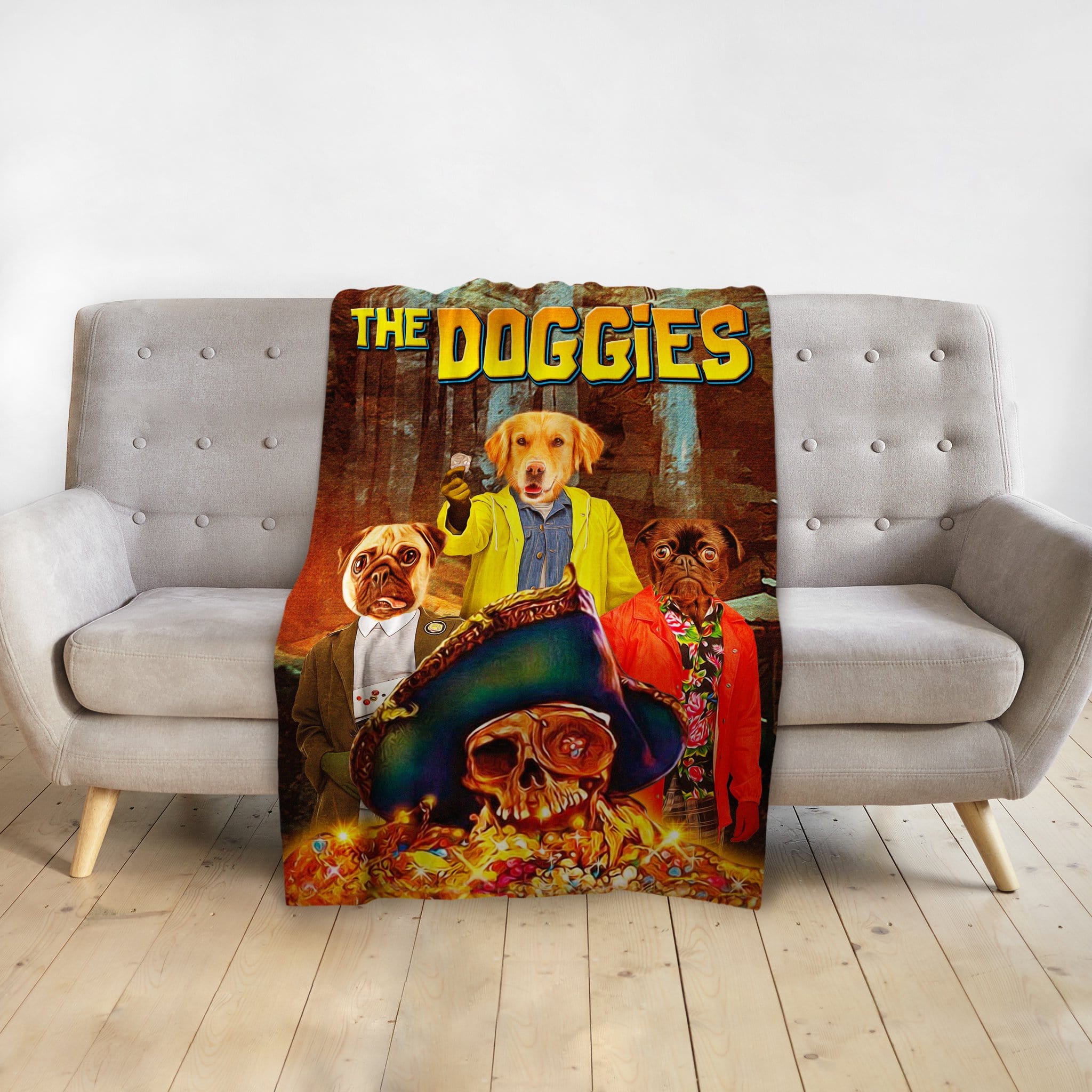 Personalized 'The Doggies' blanket featuring three pet portraits in a movie poster style.