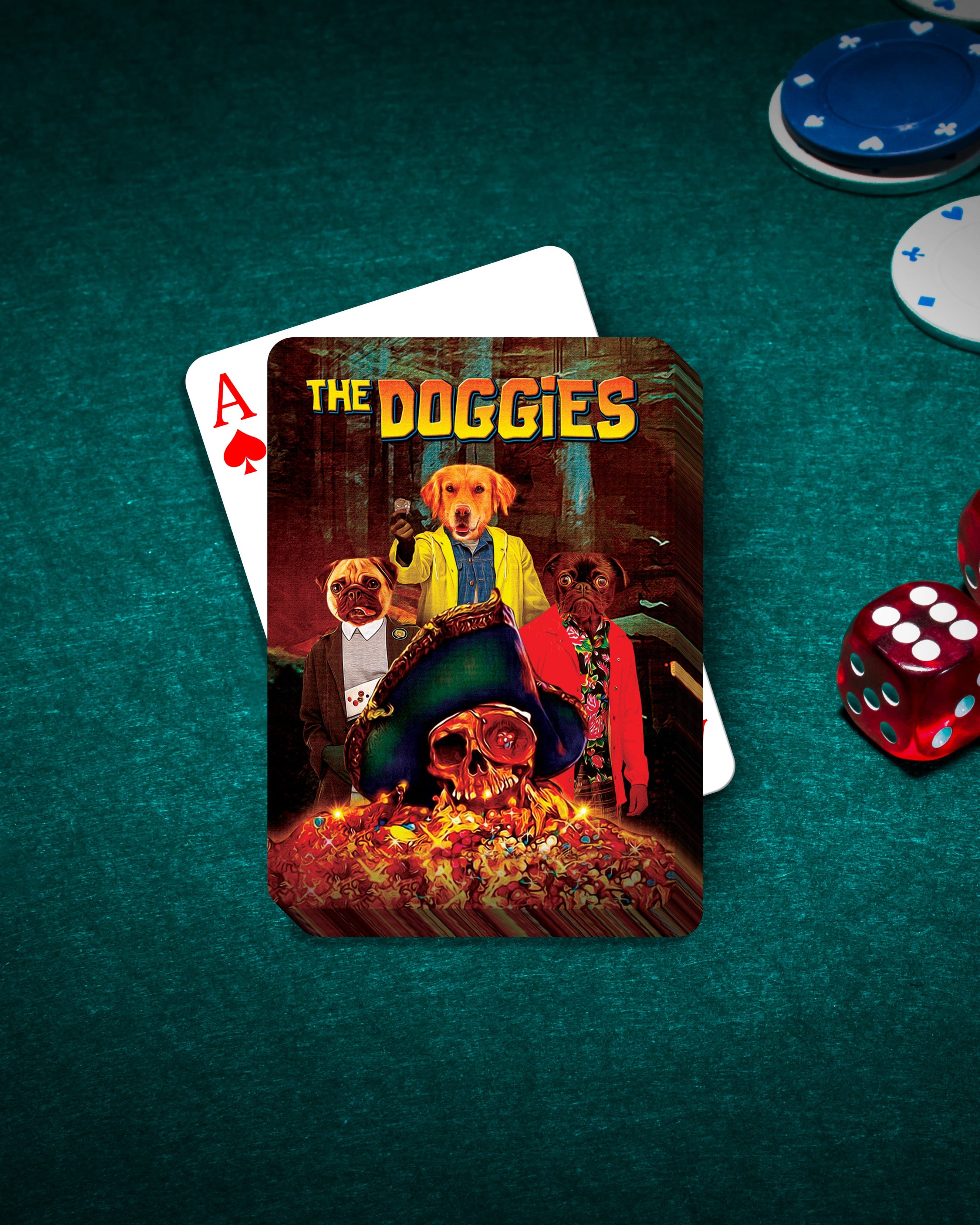 Personalized playing cards featuring three dogs in a "The Doggies" movie poster style, on a green poker table.