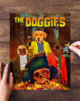 Personalized 3-pet puzzle featuring dogs in a movie poster style, with a skull and treasure.