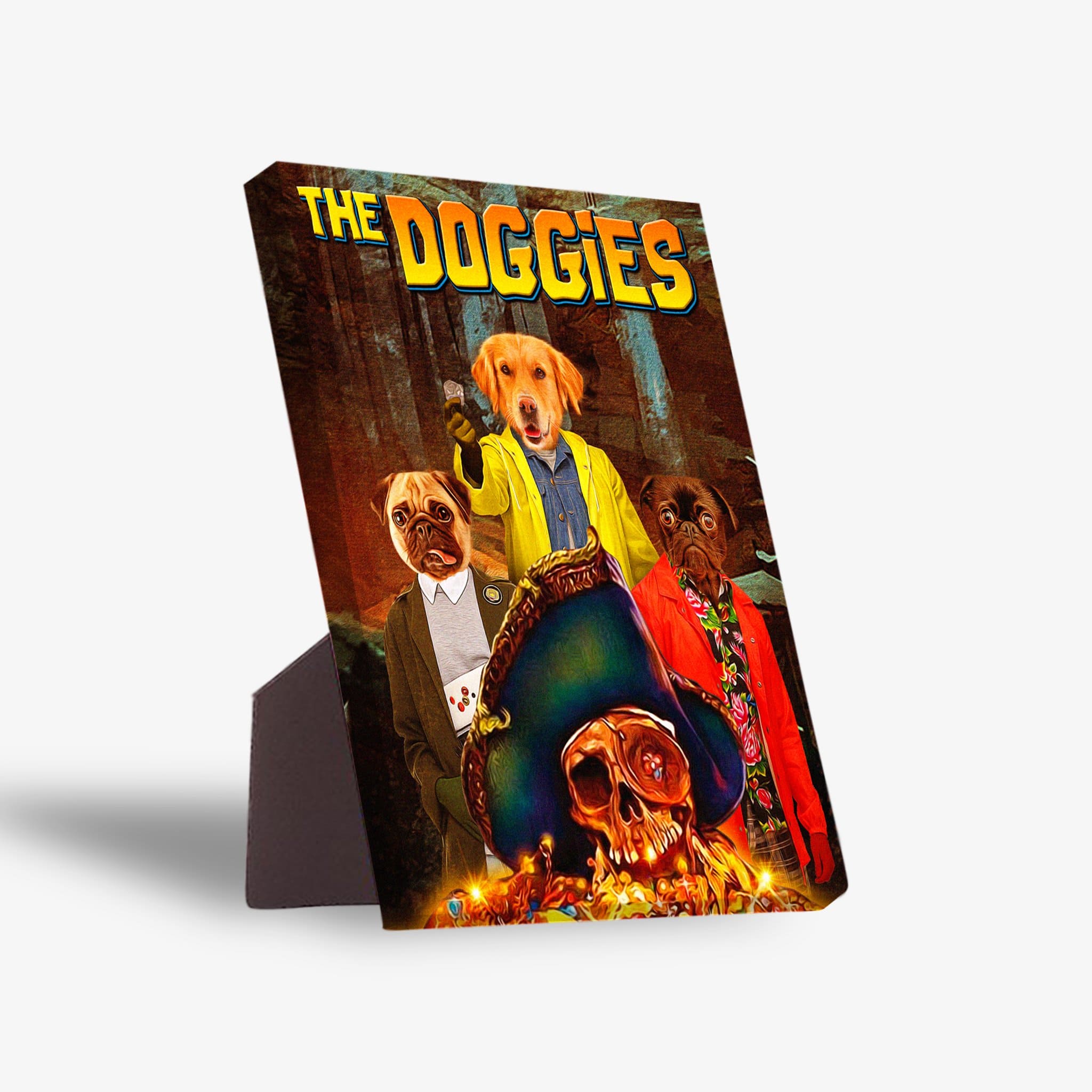 Personalized "The Doggies" standing canvas featuring three pets in movie-themed costumes, with a skull and treasure.