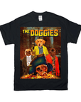Black Gildan t-shirt with "The Doggies" graphic featuring three dogs dressed as characters, a skull, and treasure.