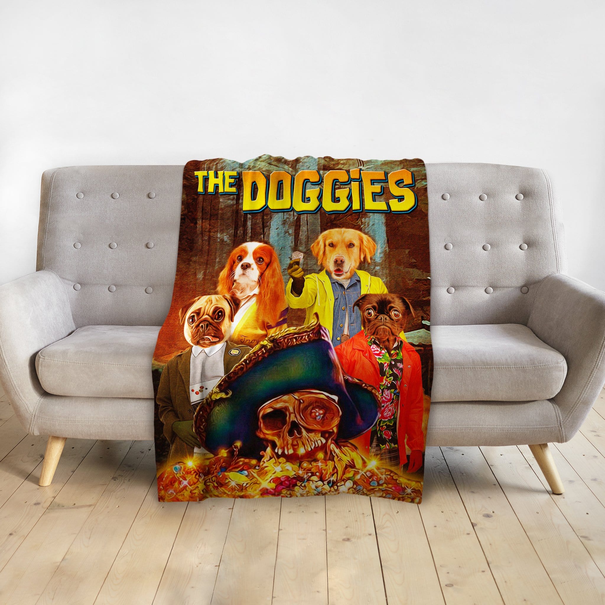 Personalized 'The Doggies' blanket featuring four dogs in human clothes and a skull with a sombrero.