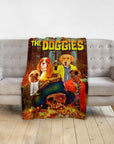 Personalized 'The Doggies' blanket featuring four dogs in human clothes and a skull with a sombrero.