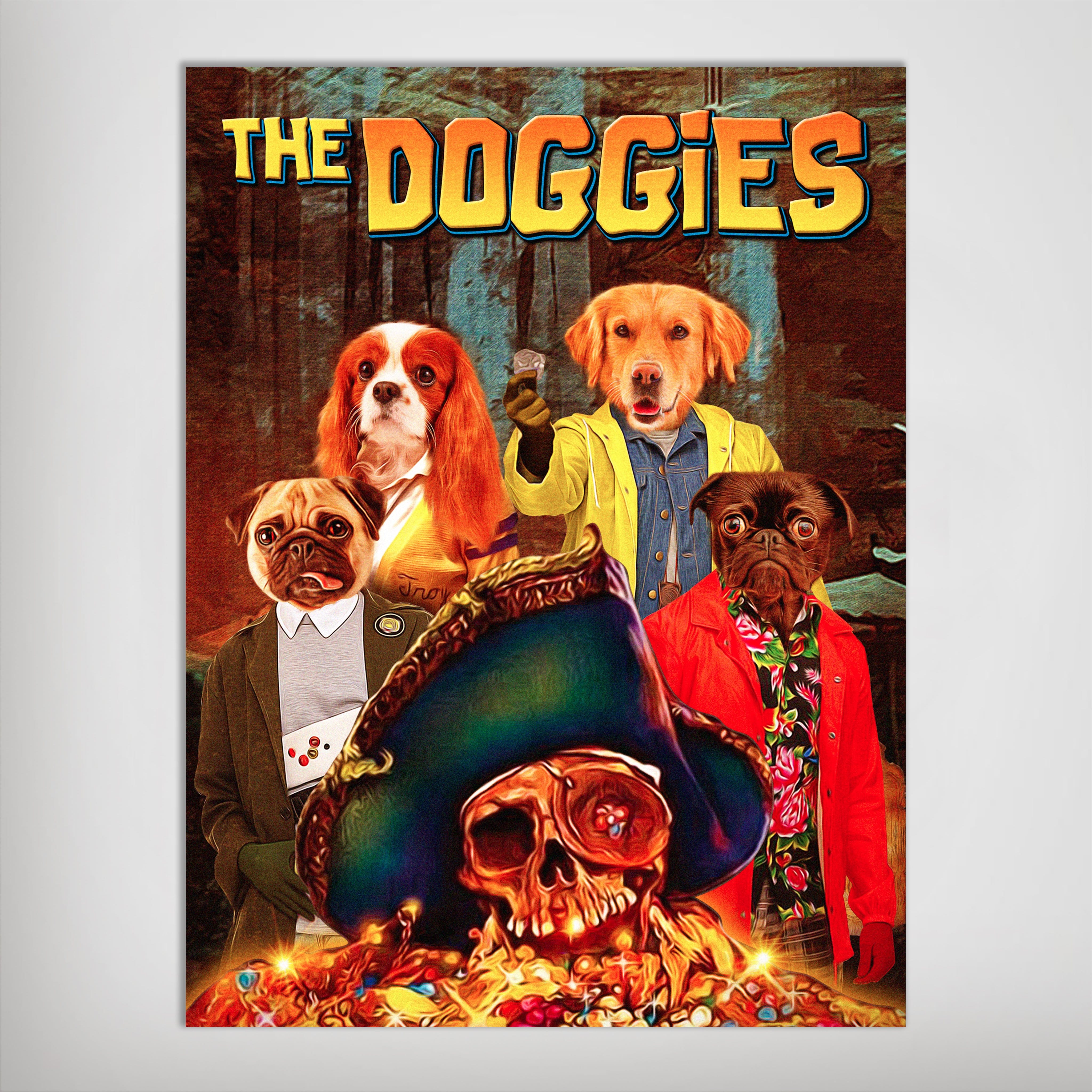 The Doggies personalized poster featuring four pets as movie characters, with a pirate skull and treasure.