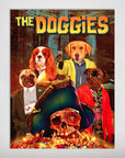 The Doggies personalized poster featuring four pets as movie characters, with a pirate skull and treasure.