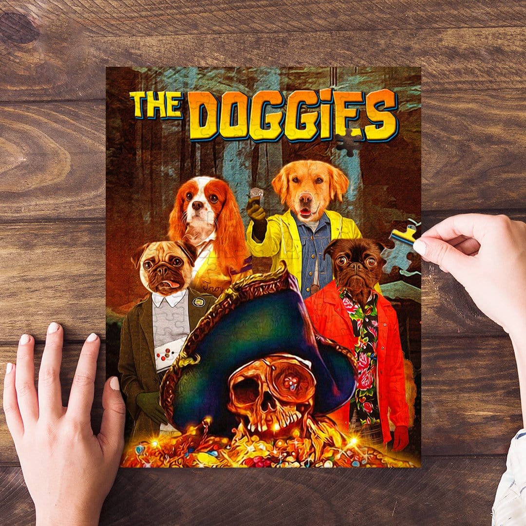 Personalized "The Doggies" puzzle featuring four custom pet portraits in a movie poster style.