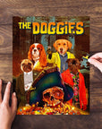 Personalized "The Doggies" puzzle featuring four custom pet portraits in a movie poster style.