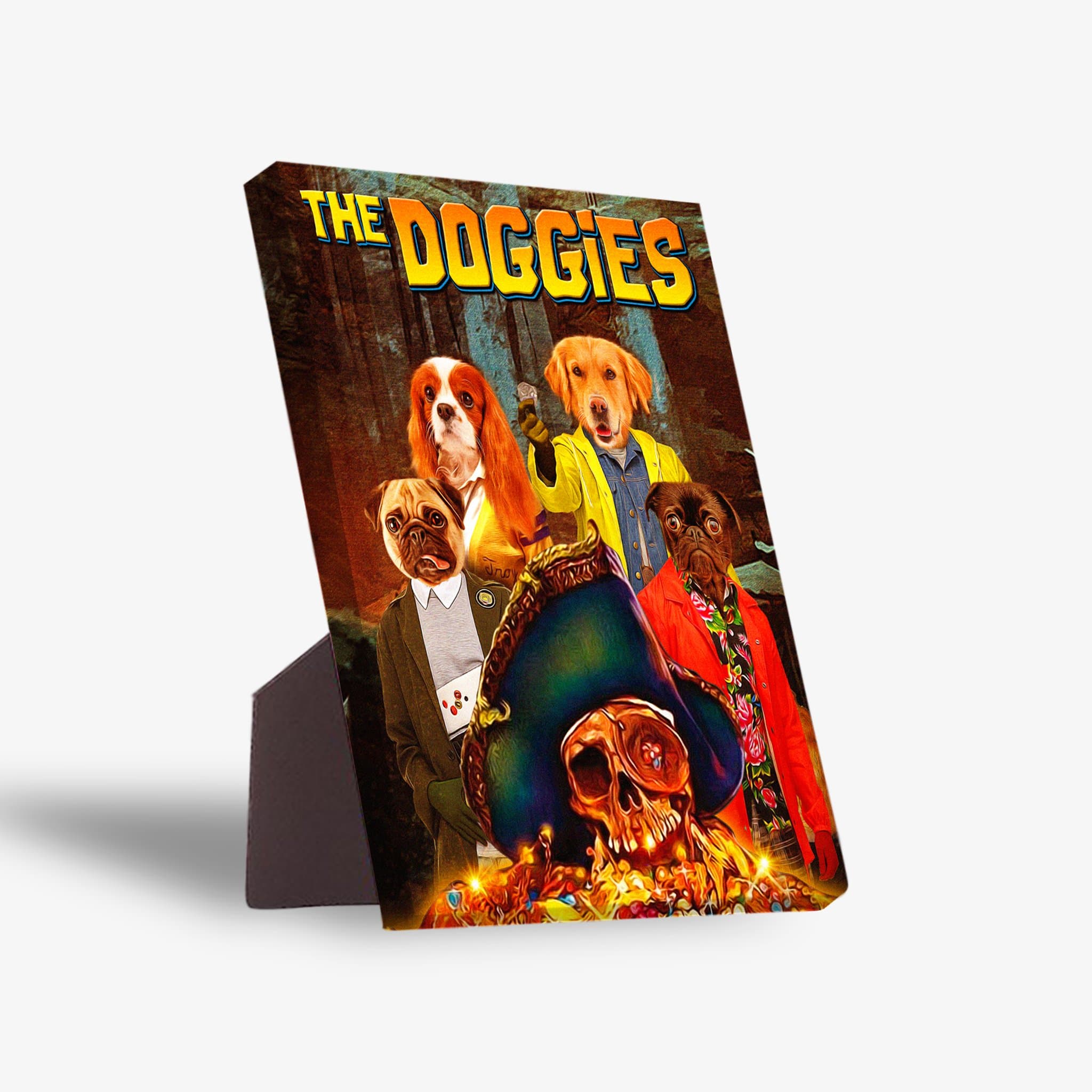 Personalized standing canvas featuring four dogs in "The Doggies" movie poster style with a skull and treasure.