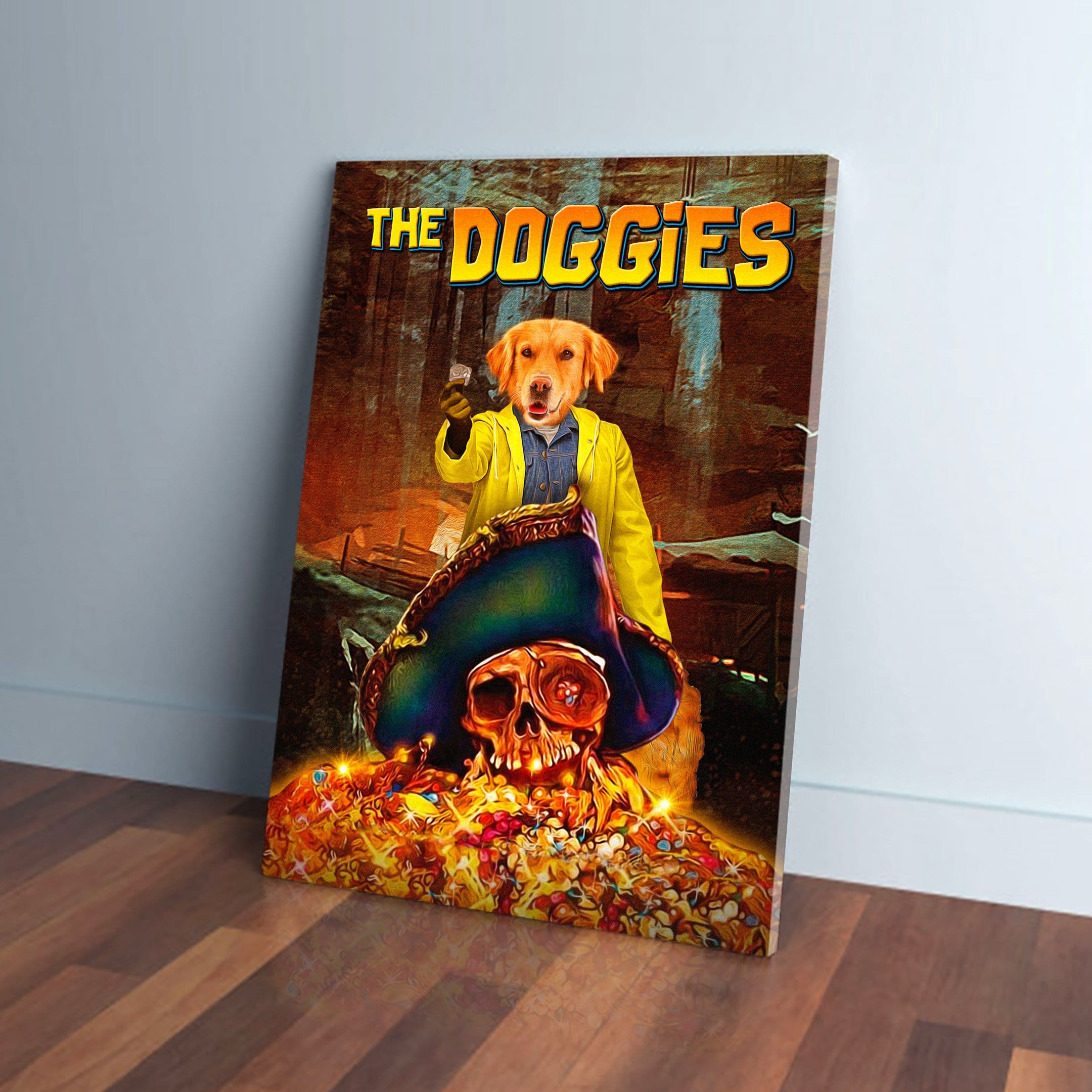 Personalized 'The Doggies' pet canvas featuring a golden retriever in a yellow jacket, standing over a pirate skull and treasure.