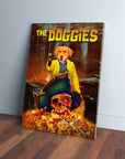 Personalized 'The Doggies' pet canvas featuring a golden retriever in a yellow jacket, standing over a pirate skull and treasure.