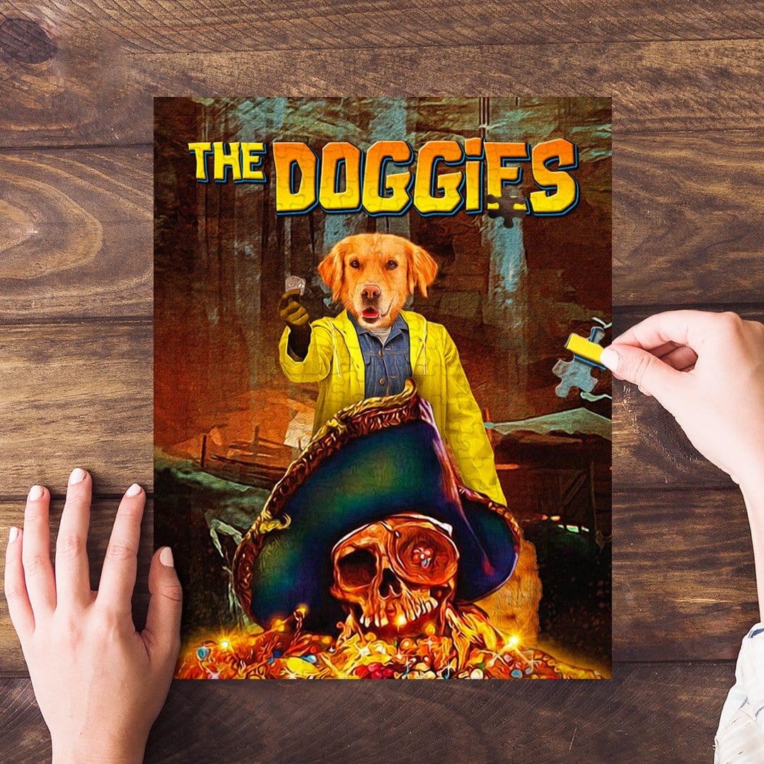 Personalized 'The Doggies' puzzle featuring a golden retriever as a pirate, with a hand placing a piece.