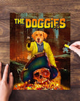 Personalized 'The Doggies' puzzle featuring a golden retriever as a pirate, with a hand placing a piece.