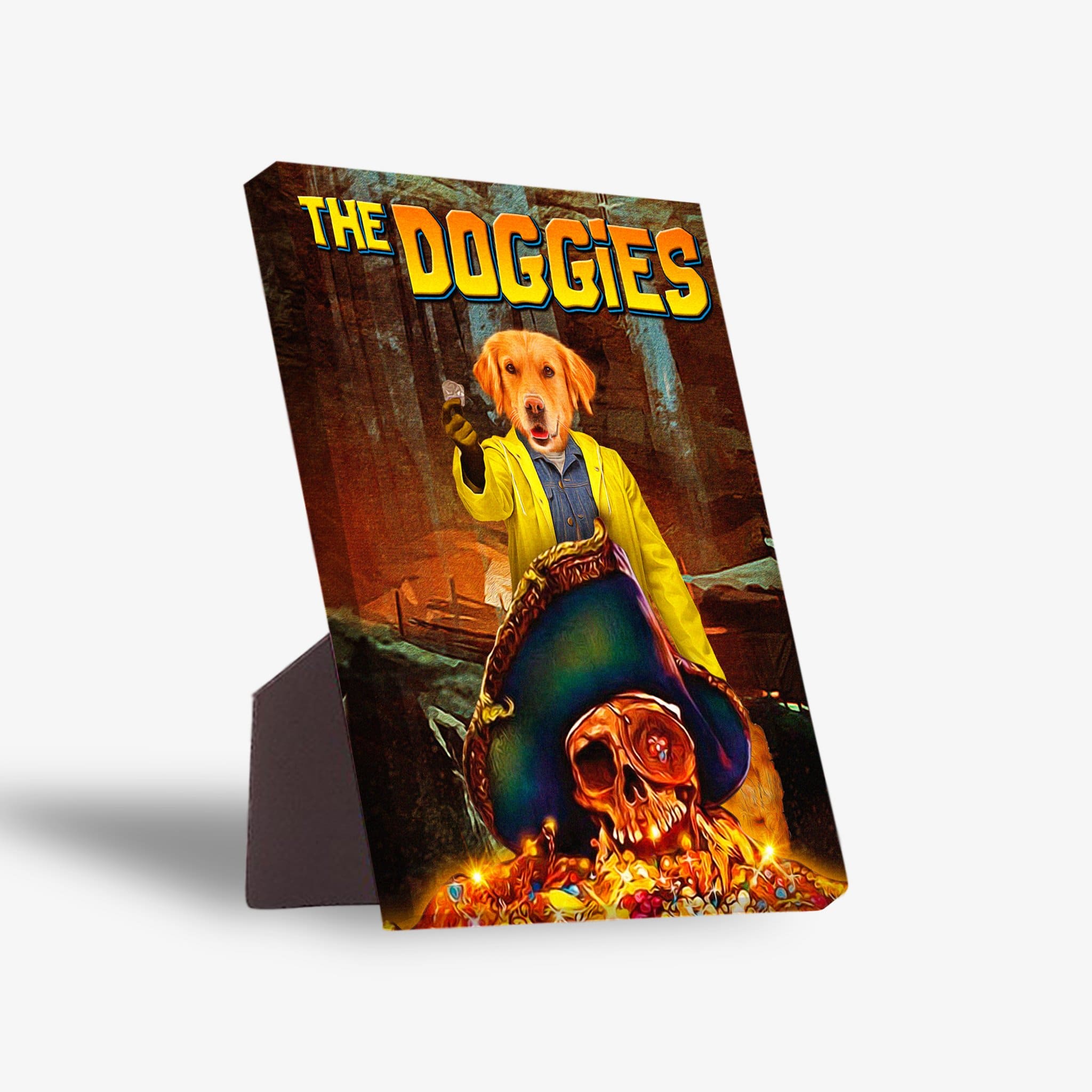 The Doggies personalized pet standing canvas featuring a golden retriever in a yellow jacket, pirate hat, and treasure.