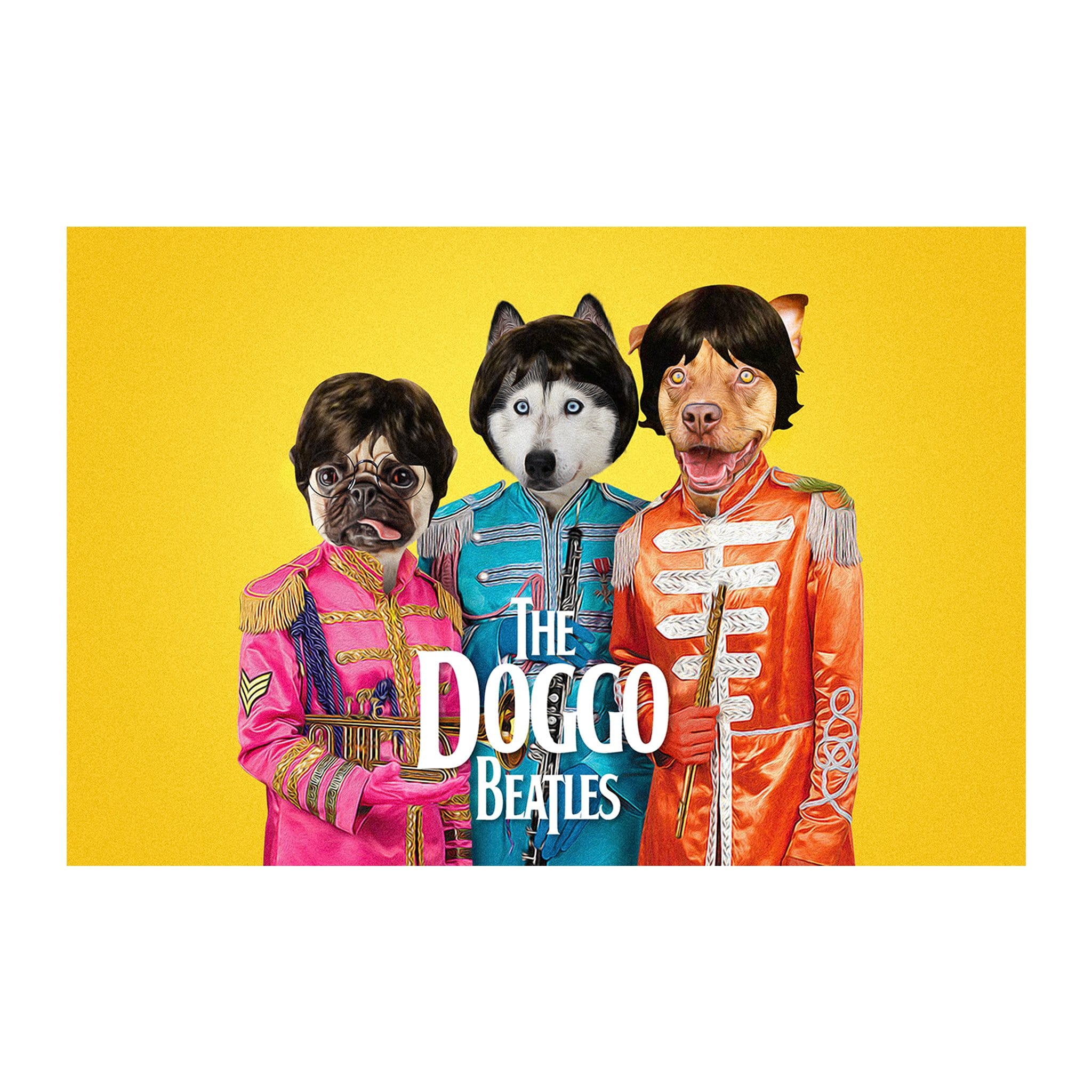 Custom digital portrait of three pets as "The Doggo Beatles" on a yellow background.