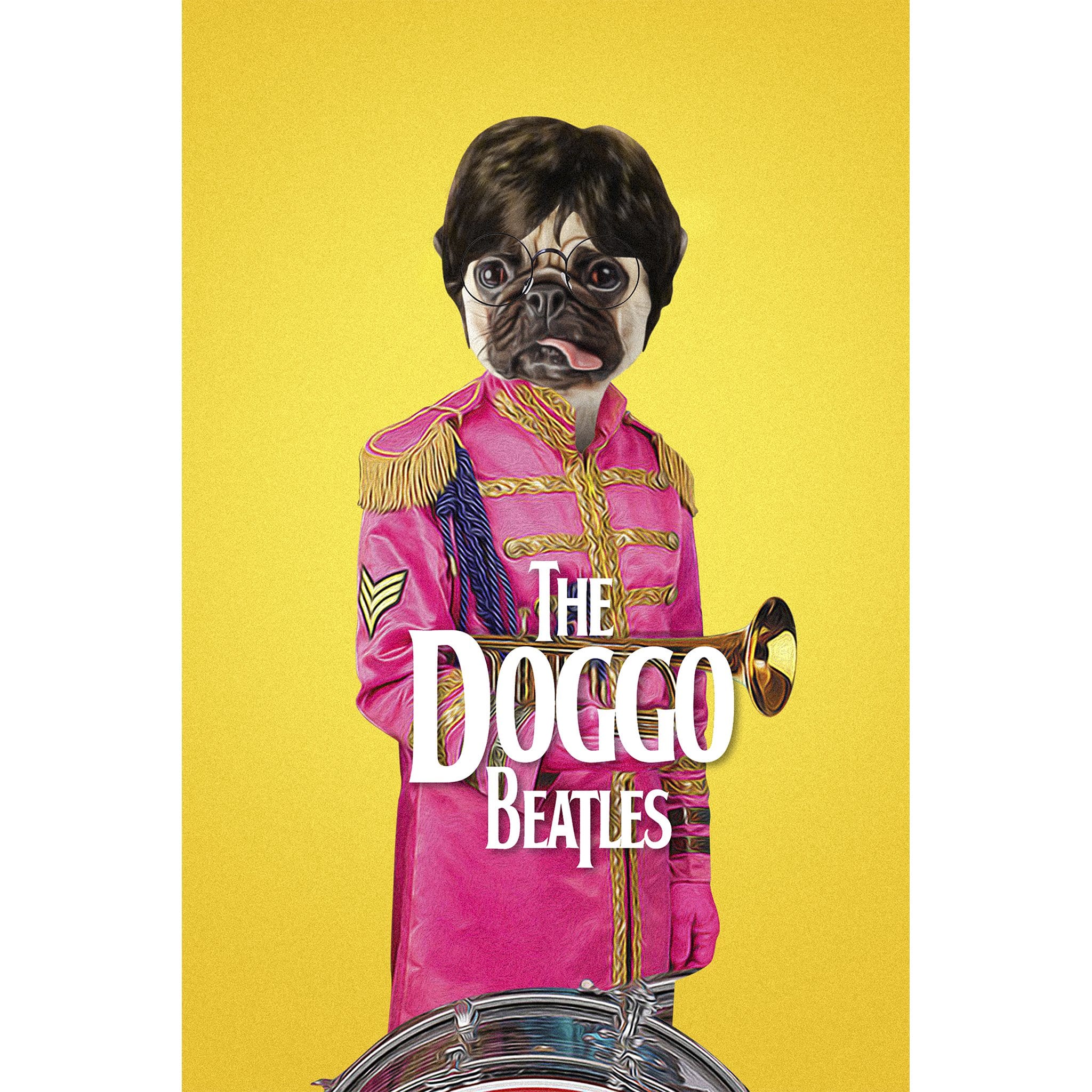Personalized digital portrait of a pug dressed as a Beatles band member in a pink uniform.