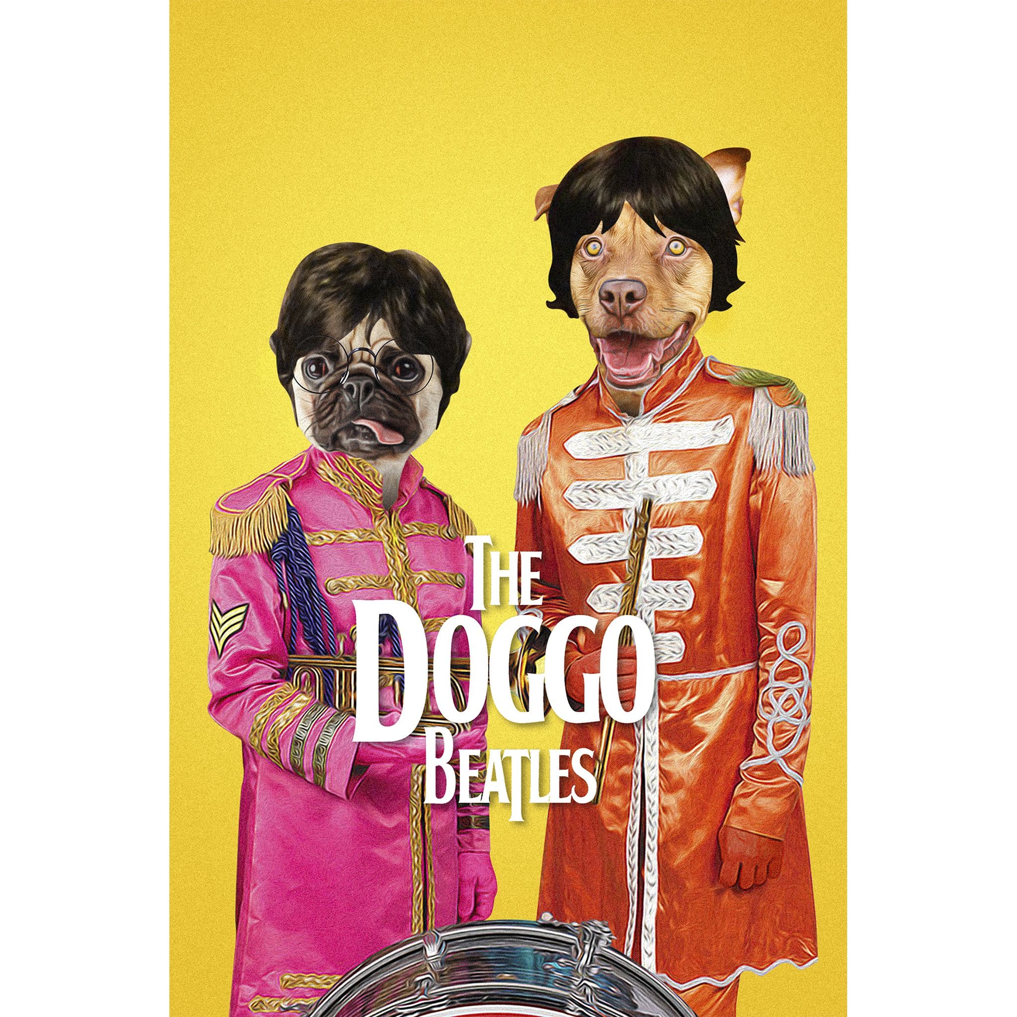Personalized Doggo Beatles digital portrait featuring two dogs in colorful band uniforms.