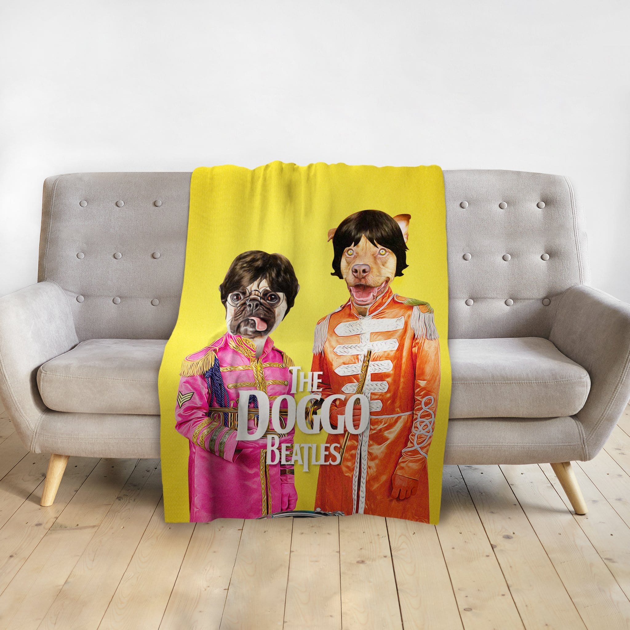 Personalized yellow minky blanket with two custom dog portraits dressed as The Beatles.