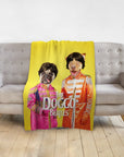 Personalized yellow minky blanket with two custom dog portraits dressed as The Beatles.