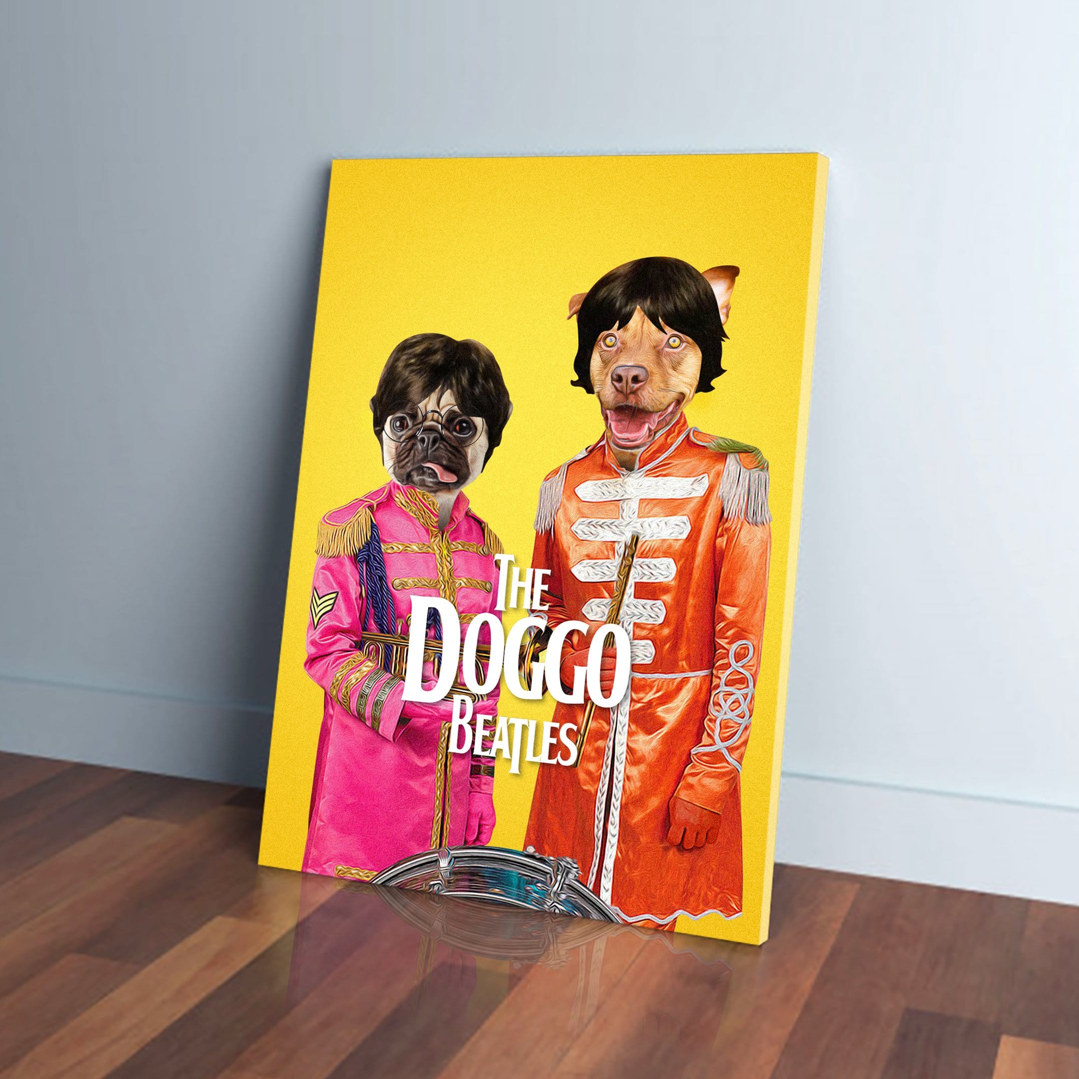 Personalized "Doggo Beatles" canvas featuring two pets in Sgt. Pepper's uniforms on a yellow background.