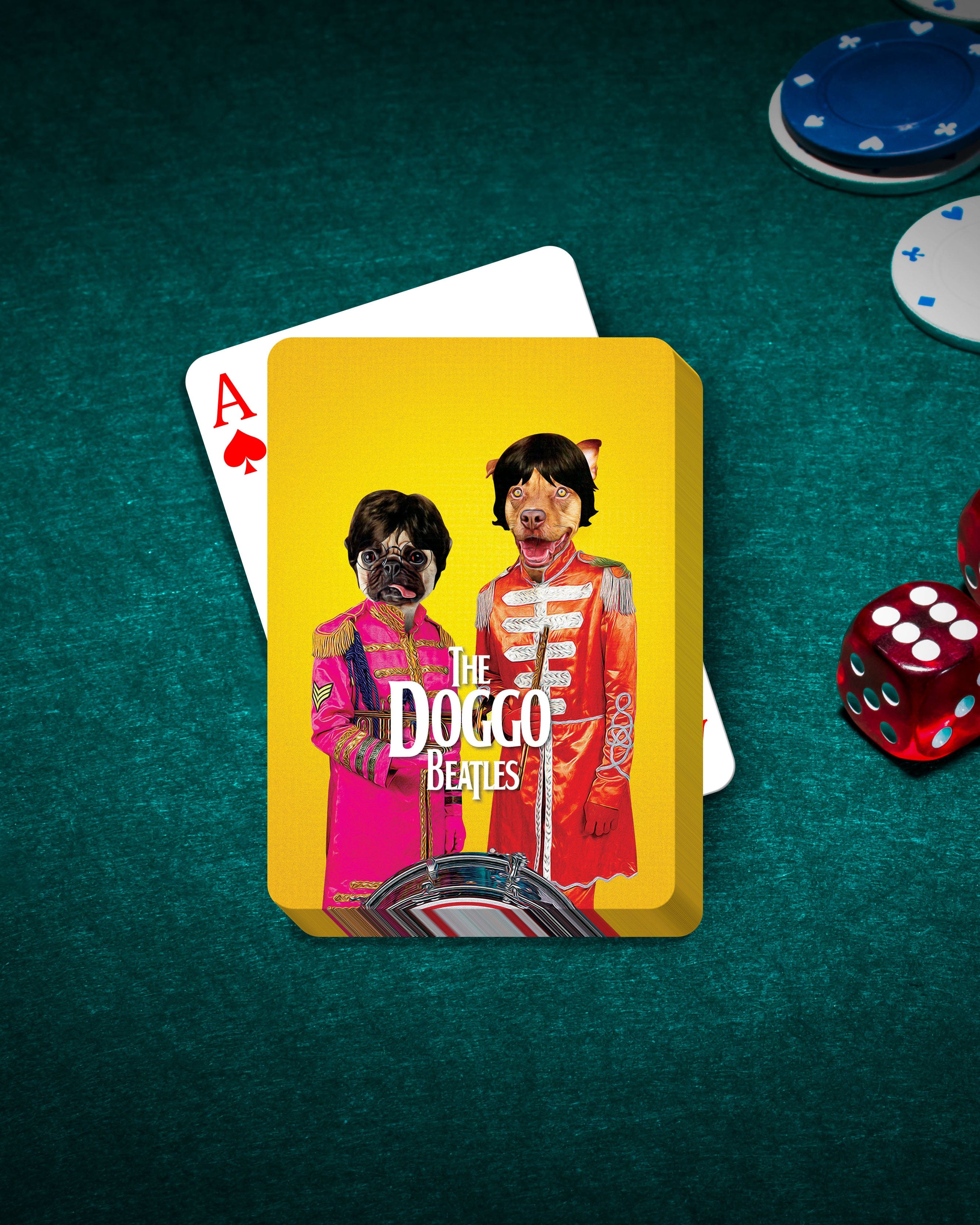 Personalized playing cards featuring two pets as "The Doggo Beatles" on a yellow background, with poker chips and dice.