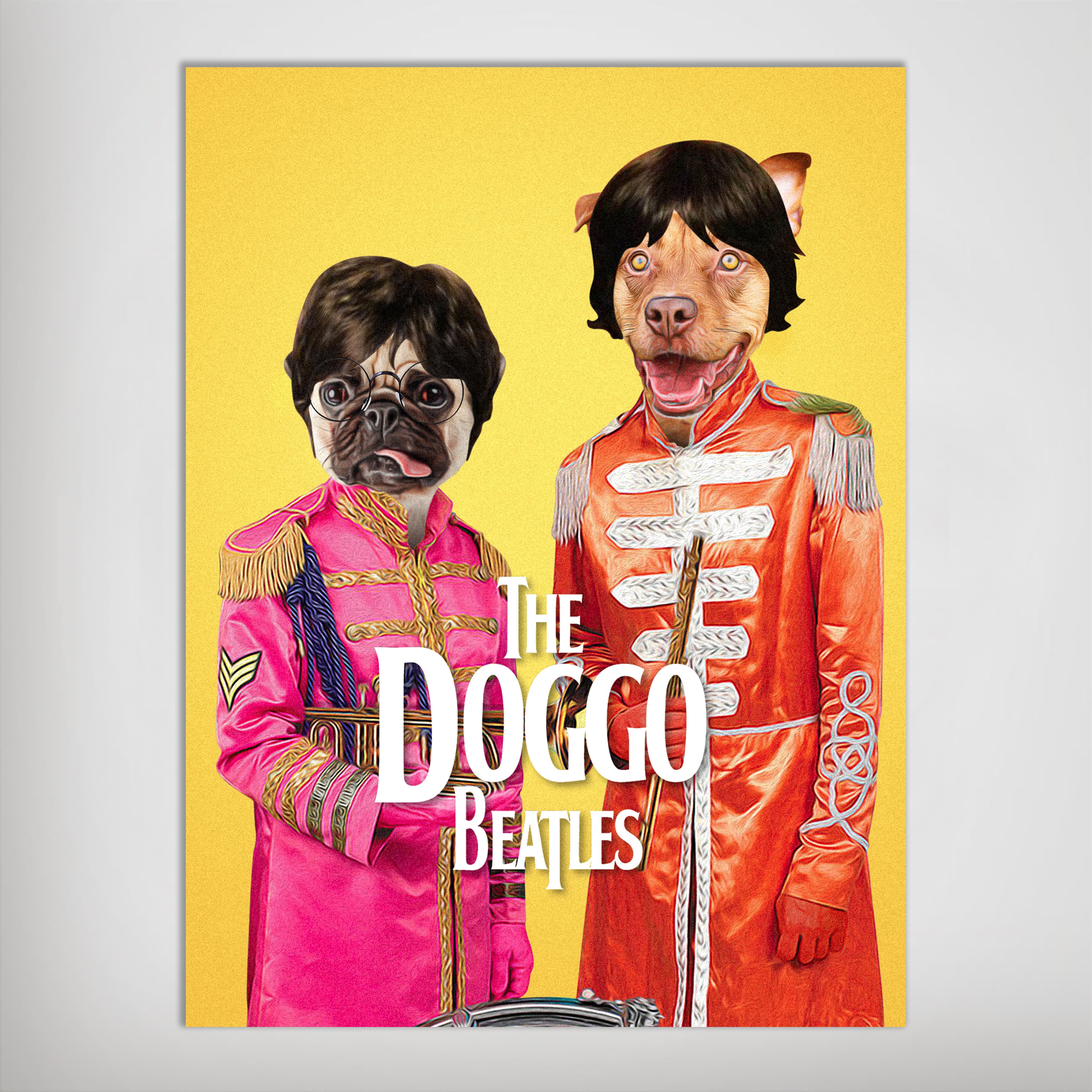 Personalized 'Doggo Beatles' poster featuring two pets in colorful Sgt. Pepper's Lonely Hearts Club Band uniforms.