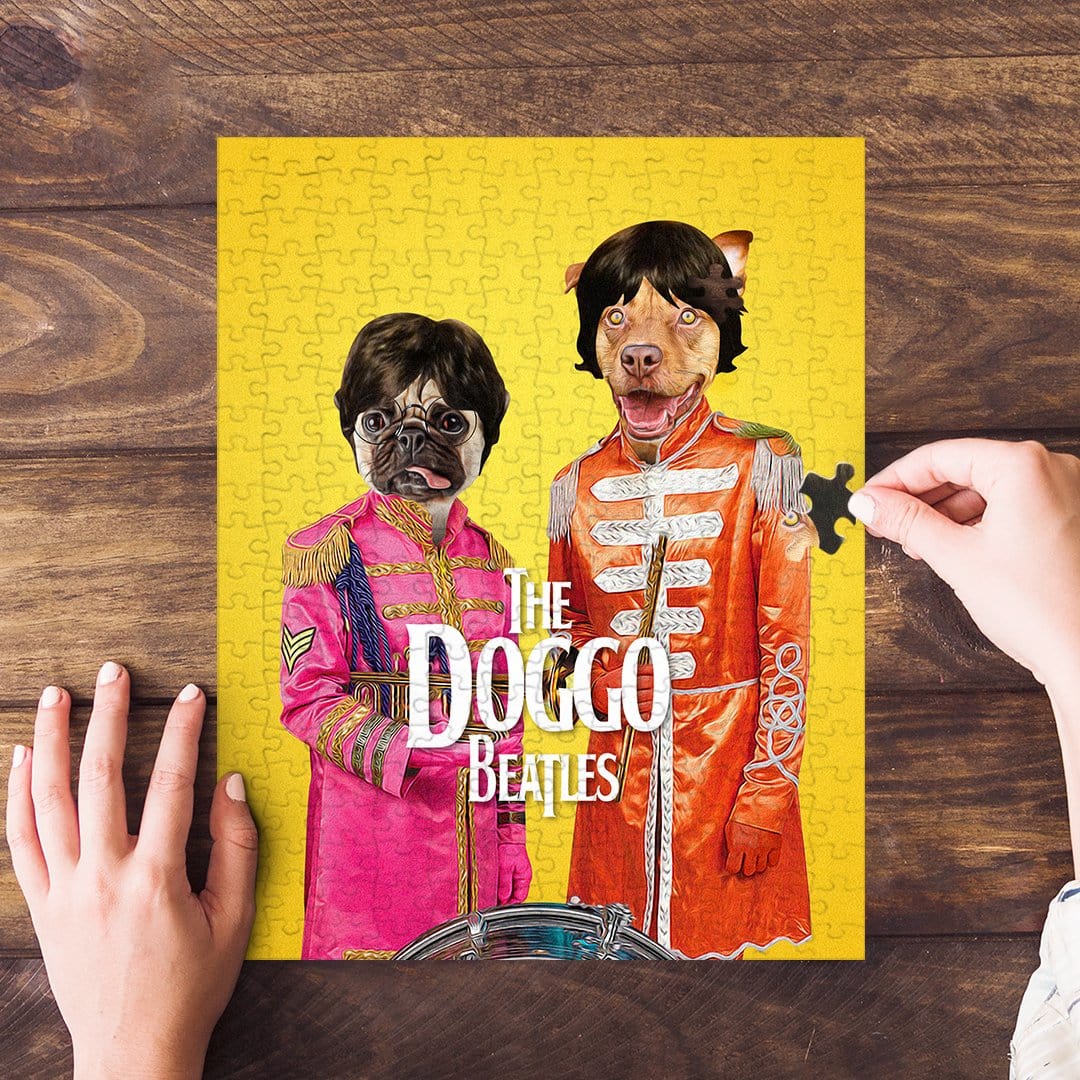 Personalized 2-pet puzzle featuring a pug and a dog in "Doggo Beatles" costumes on a yellow background.