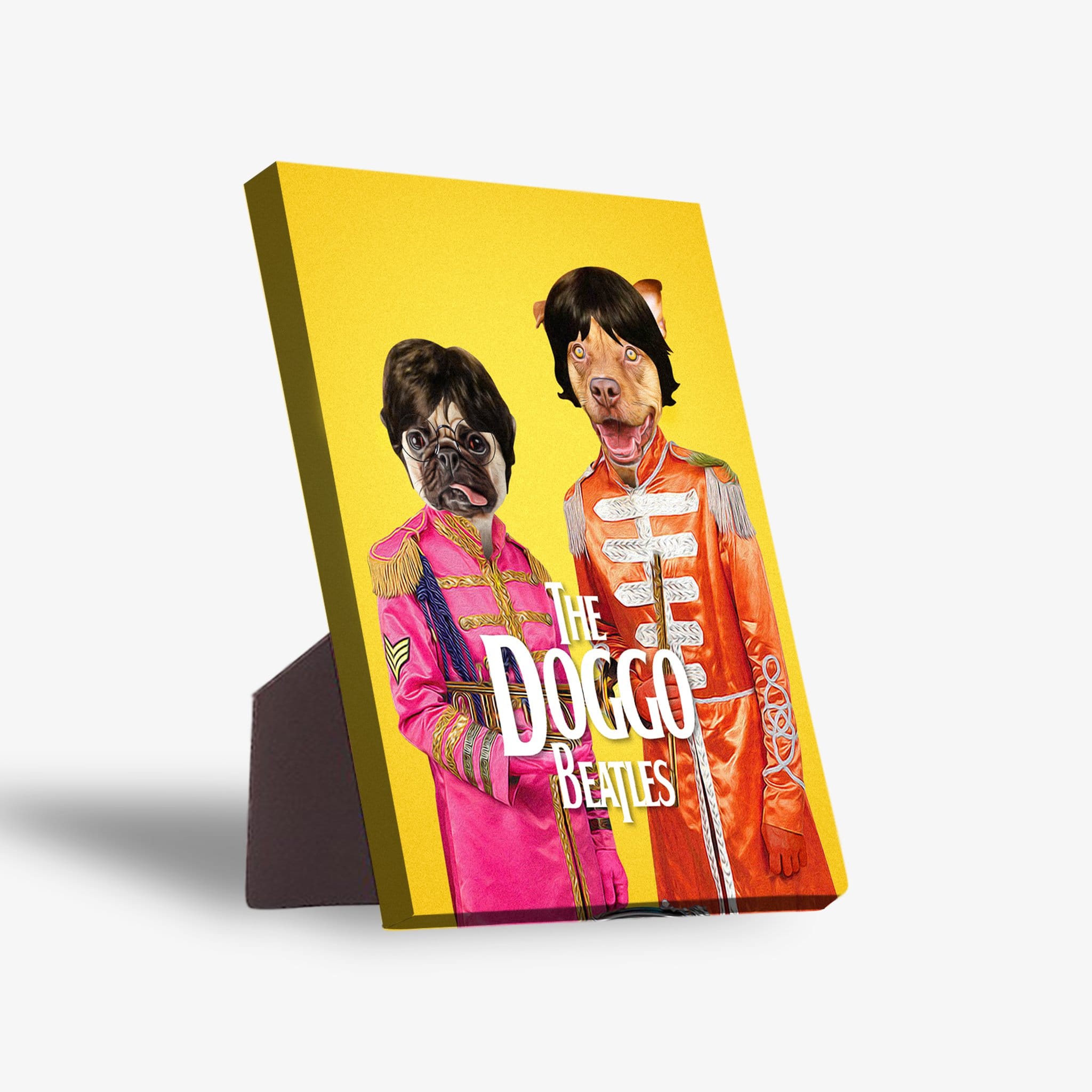Personalized 2-pet standing canvas featuring a pug and dog in colorful "Doggo Beatles" costumes on a yellow background.