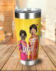 Personalized stainless steel tumbler with two dogs dressed as the Beatles on a yellow background.