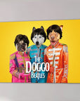 Personalized 'Doggo Beatles' canvas featuring a pug, husky, and pitbull in colorful Sgt. Pepper's uniforms on yellow.