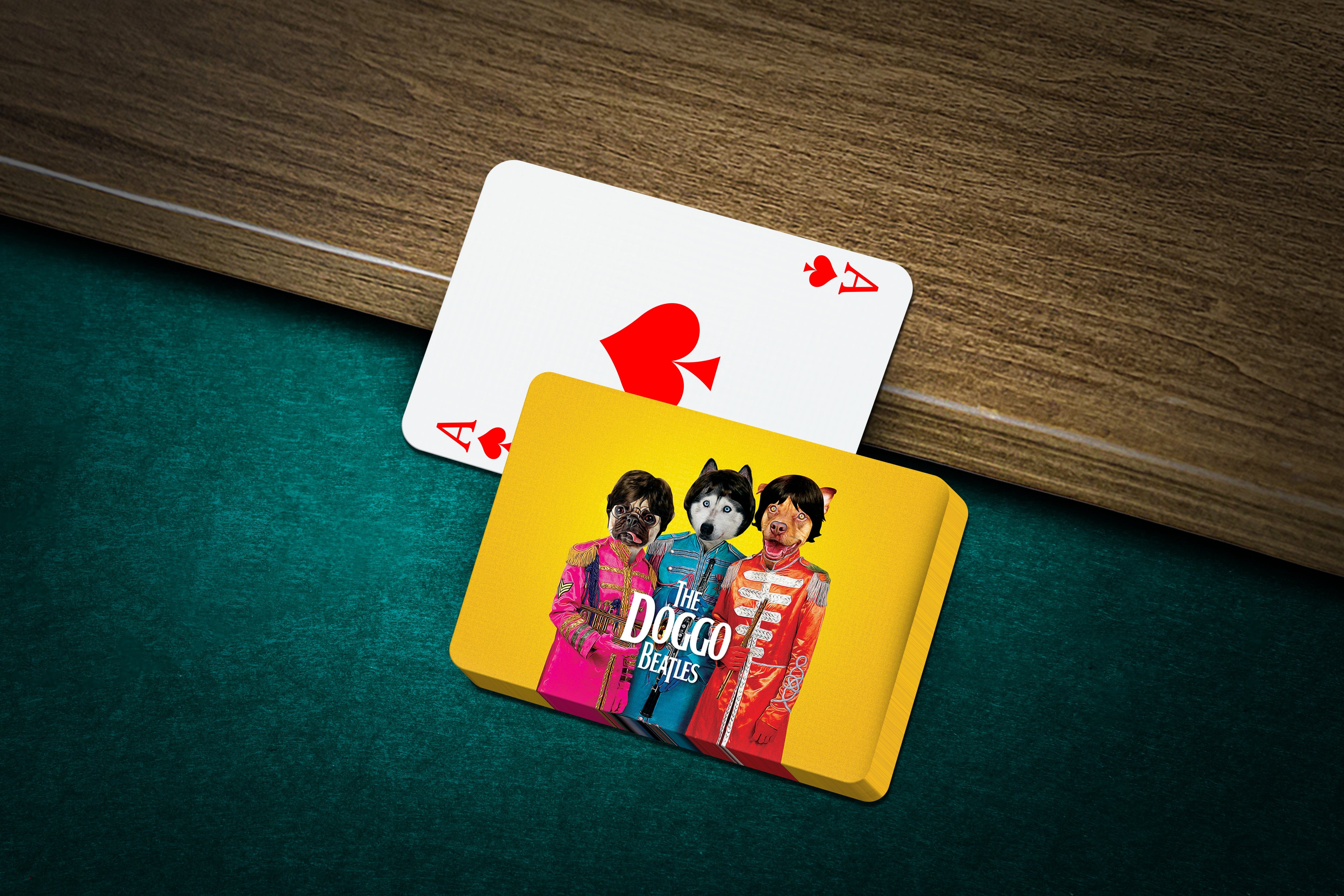Personalized playing cards featuring three pets in "The Doggo Beatles" album cover style.