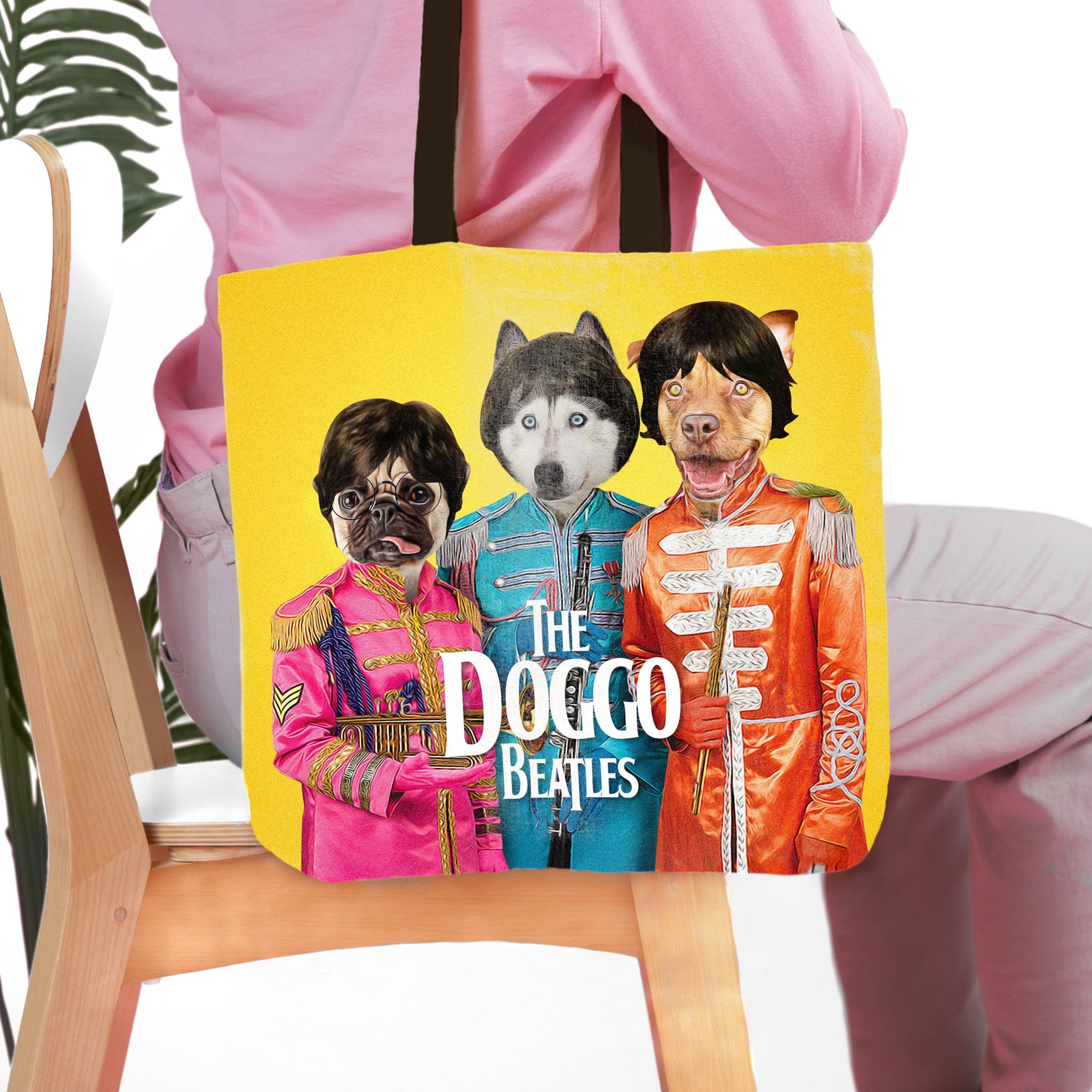 Personalized yellow tote bag with three custom pet portraits in "Doggo Beatles" style.