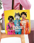 Personalized yellow tote bag with three custom pet portraits in "Doggo Beatles" style.
