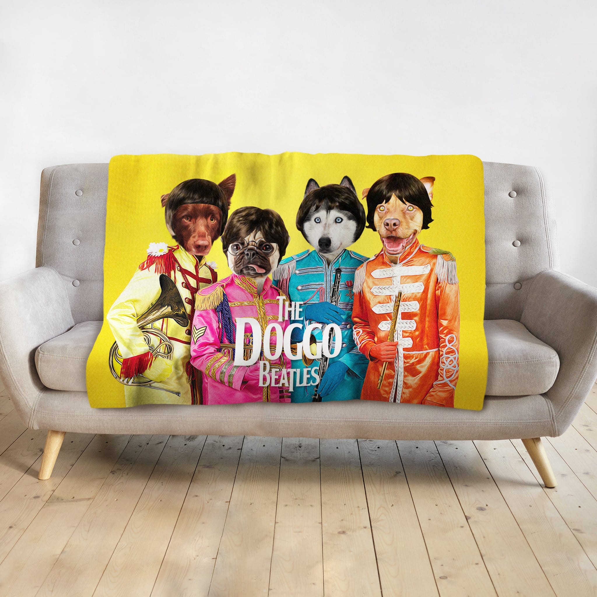 Custom yellow blanket with four personalized pet portraits dressed as The Beatles.