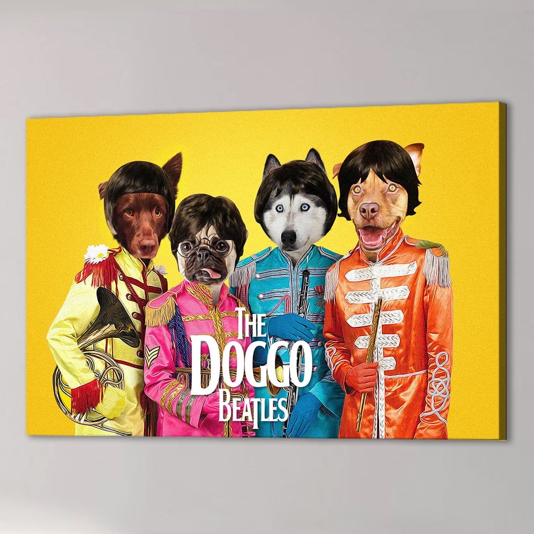 Custom "Doggo Beatles" canvas featuring four pets in colorful Sgt. Pepper's Lonely Hearts Club Band outfits on a yellow background.