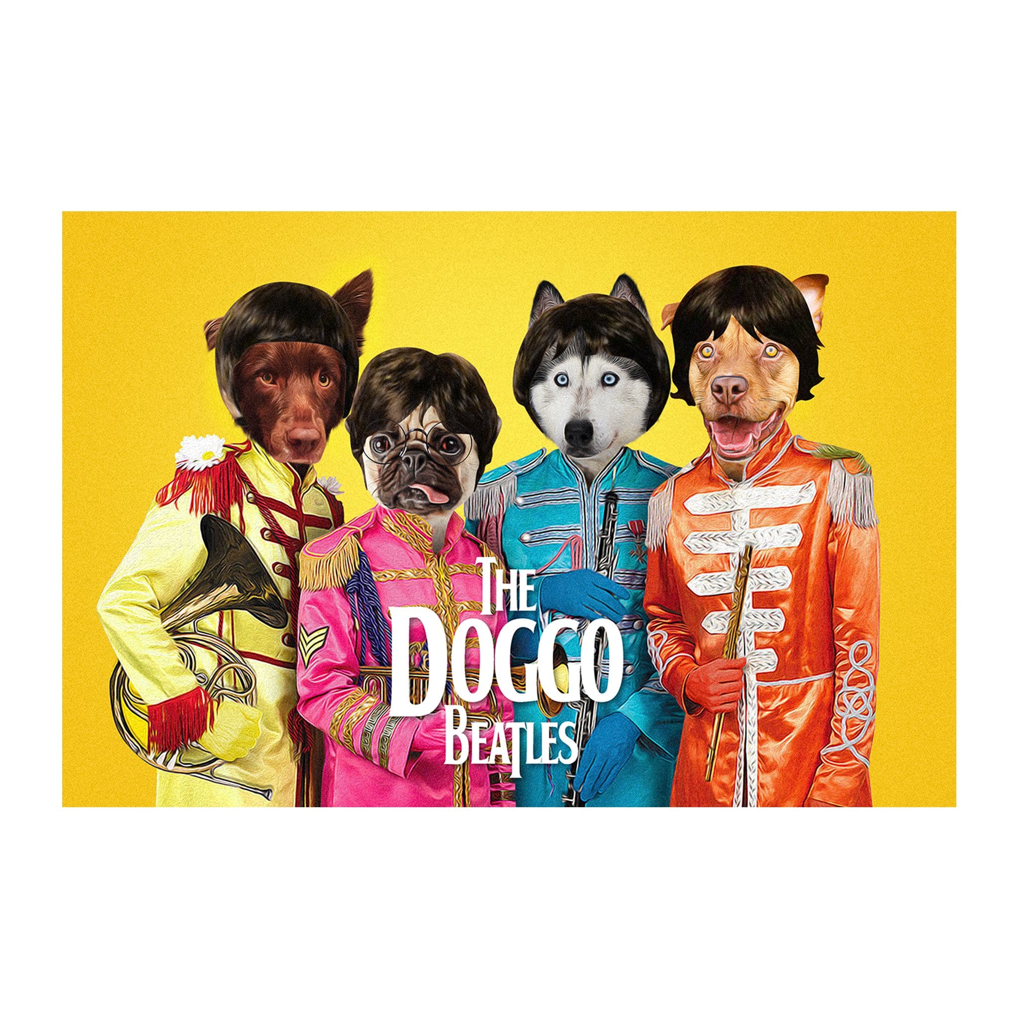 Personalized 4-pet digital portrait of dogs dressed as The Beatles on a yellow background.