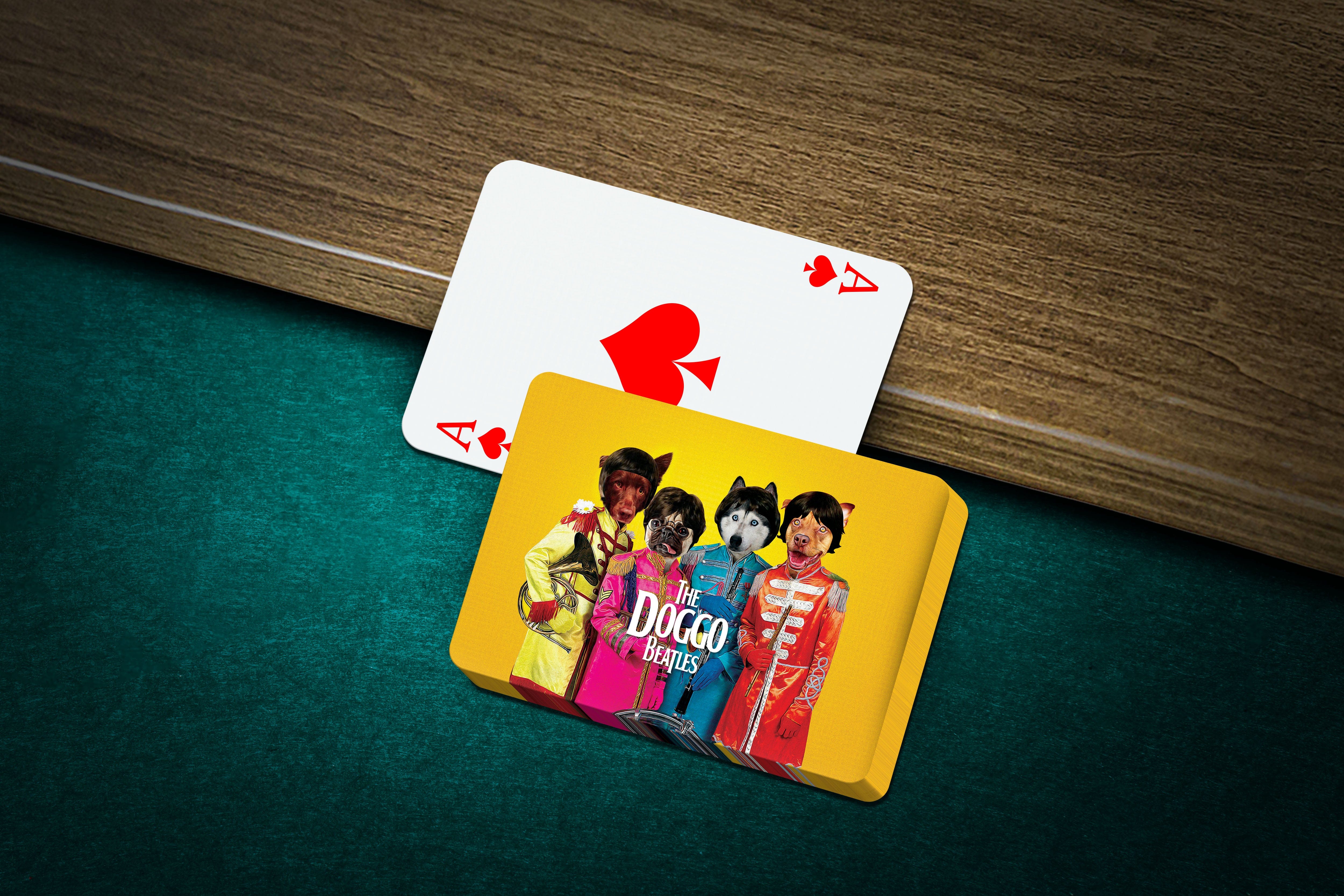 Personalized playing cards featuring four pets in a "Doggo Beatles" Abbey Road style portrait.