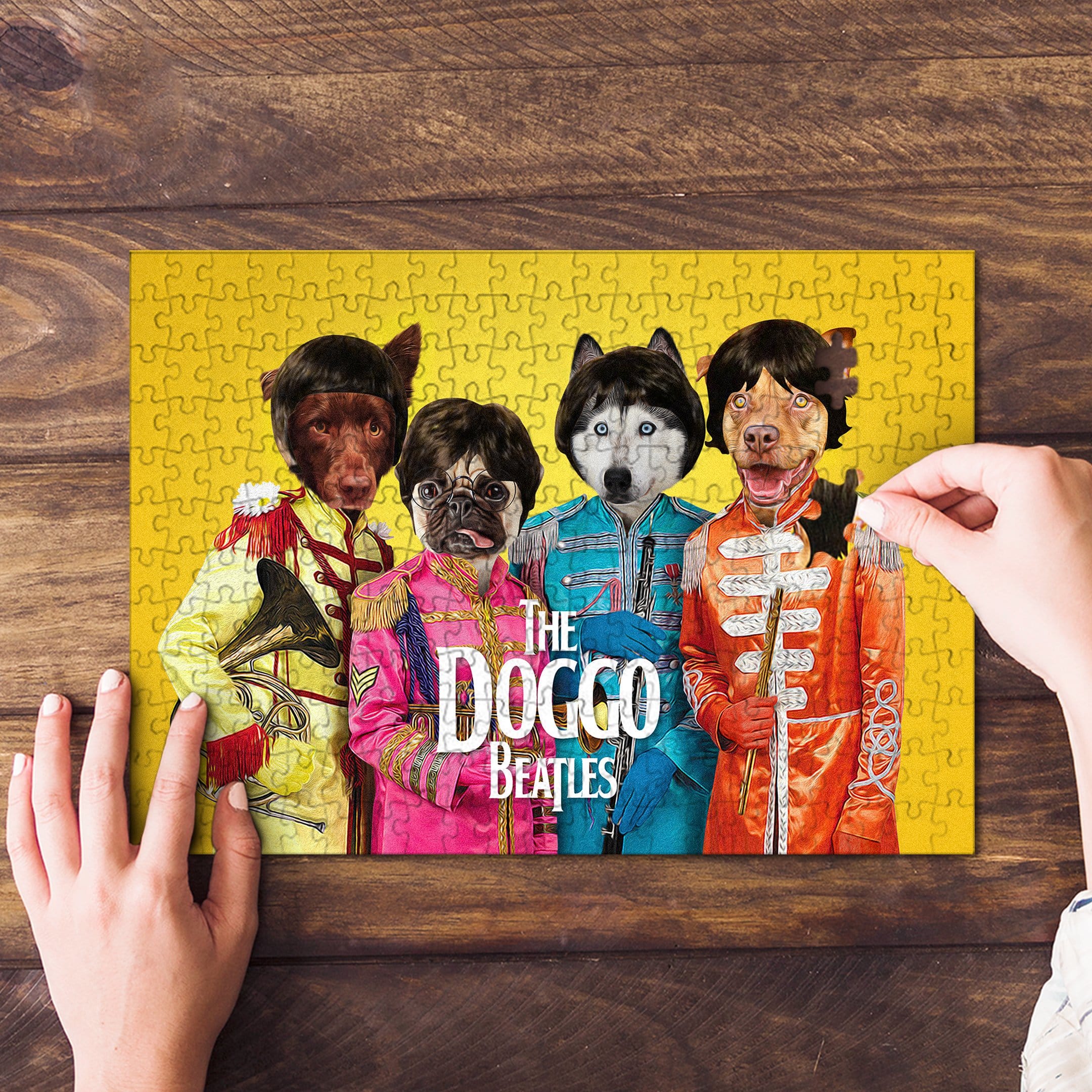 Custom personalized Doggo Beatles pet portrait puzzle on a wooden table.