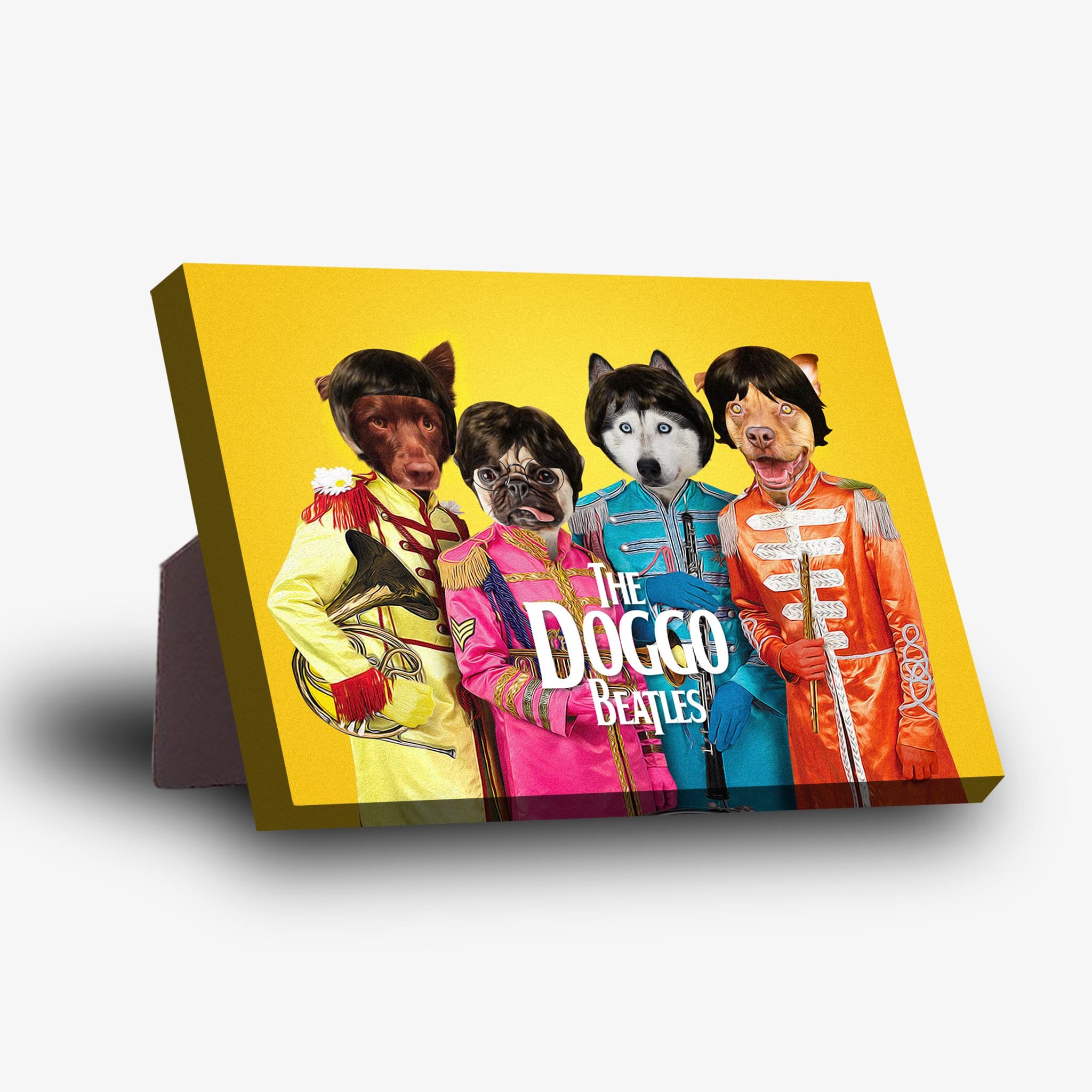 Yellow standing canvas with four pets dressed as The Beatles, featuring a husky, pug, and other dogs.