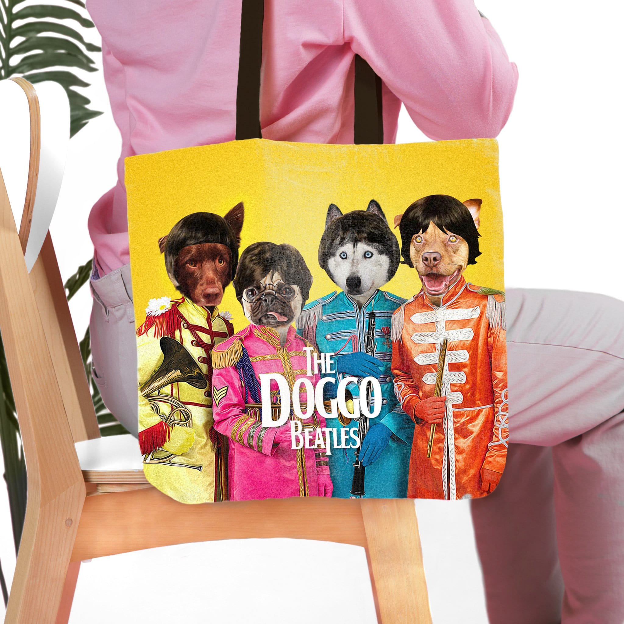 Personalized yellow tote bag with four custom pet portraits in "Doggo Beatles" style.