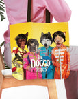 Personalized yellow tote bag with four custom pet portraits in "Doggo Beatles" style.