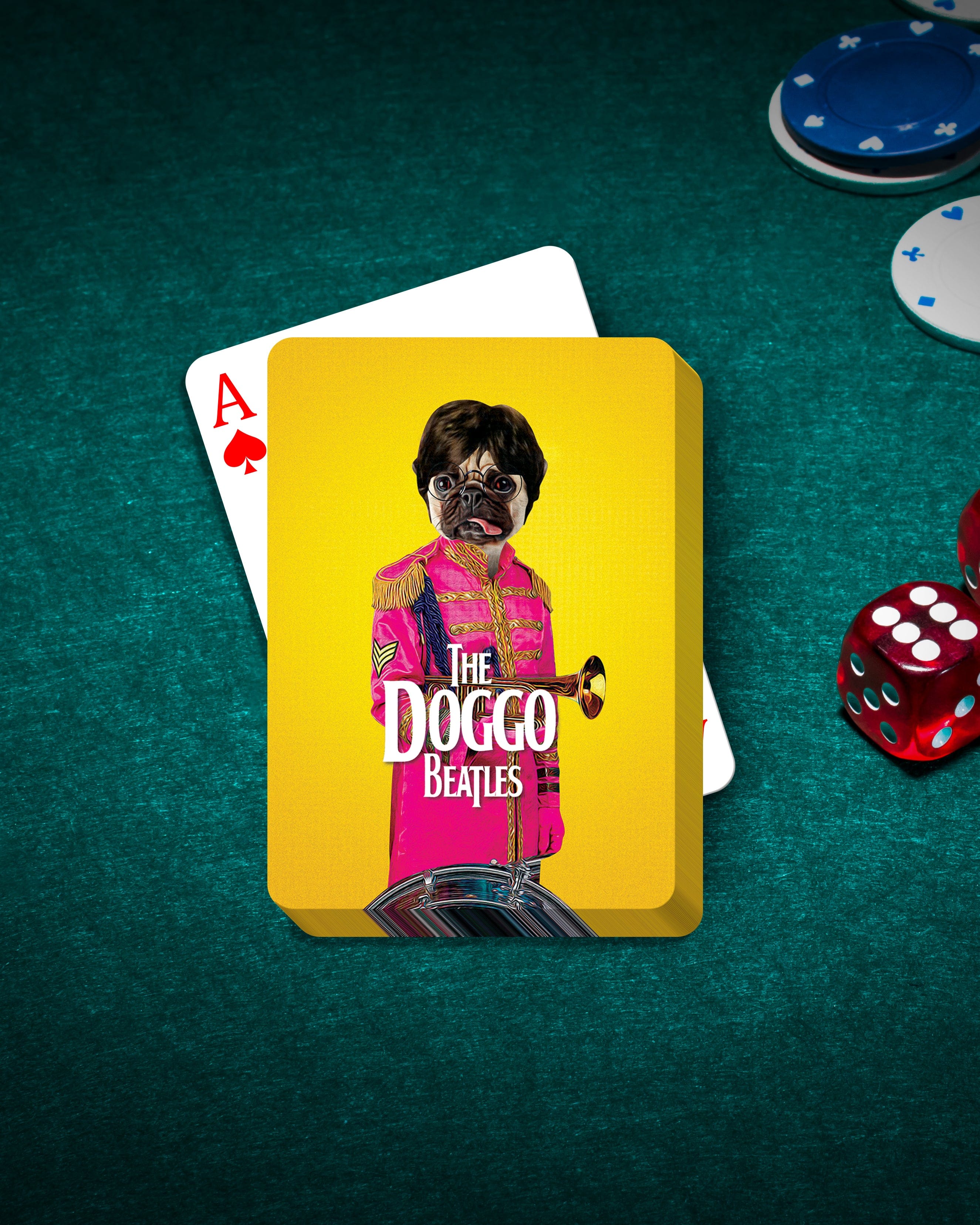 Personalized playing card featuring a pug in a pink "Doggo Beatles" band uniform, on a green felt table with poker chips and dice.